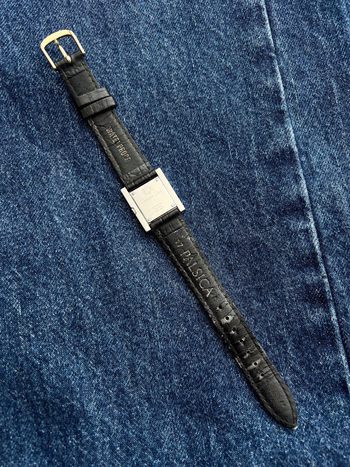 Christian Dior Cannage D82-100 steel caseback and underside of the black leather strap