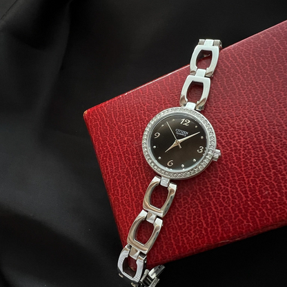 Citizen Black Dial Crystal Bezel Women’s Watch featuring black dial and steel bracelet; vintage watch product image 2.