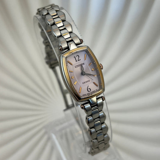 Citizen Exceed Japanese luxury women’s watch with pink stardust dial, two tone tonneau case, crystal accents and fluid jewellery bracelet, elegant vintage style ladies dress watch by The Gilded Hour NZ