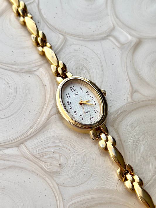 Citizen Gold Toned Fill Woman's Watch, case profile of a vintage women's watch at Gilded Hour.