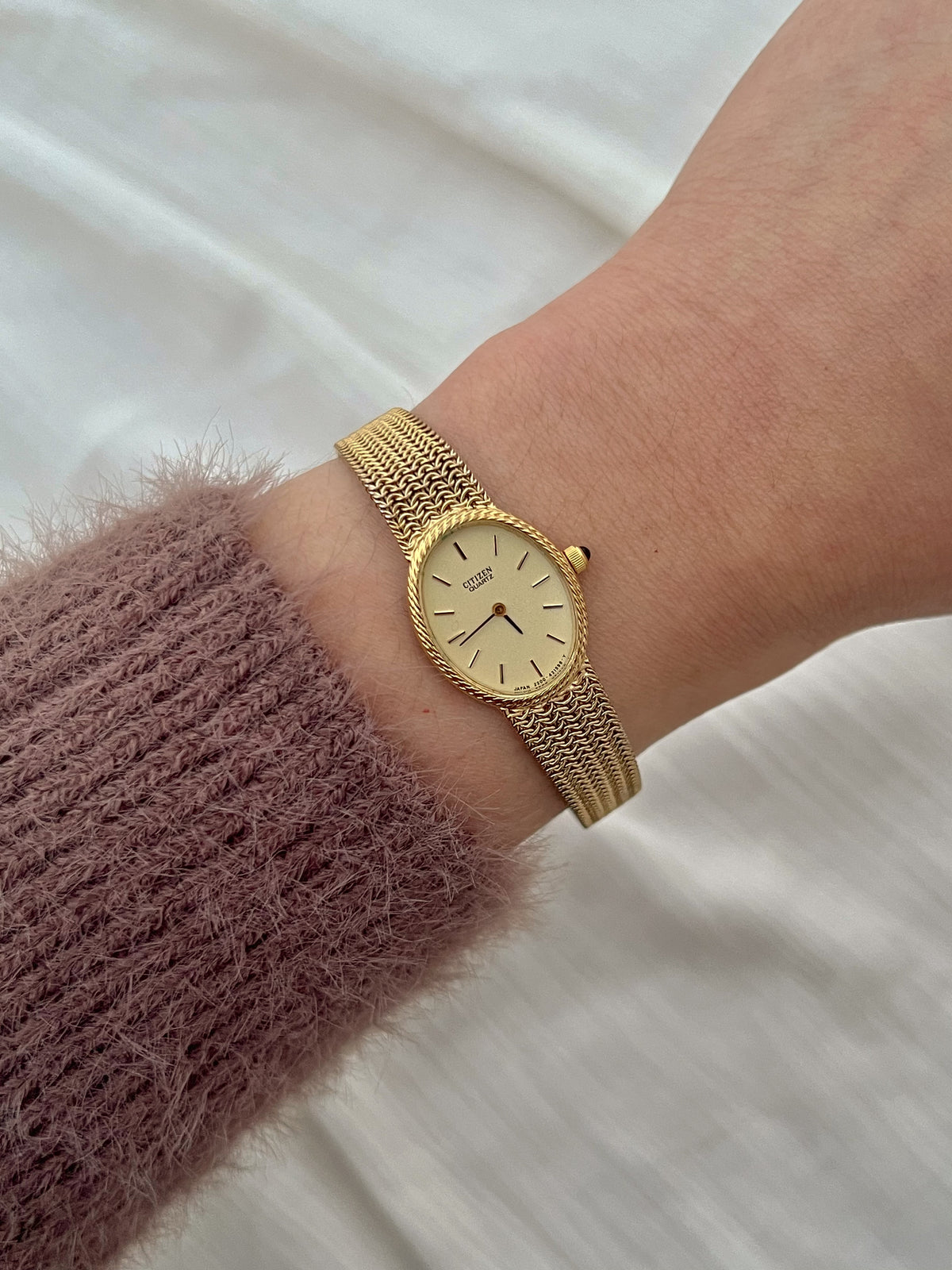 Front view of the Citizen oval watch with champagne dial, rope bezel and gold-tone mesh bracelet.