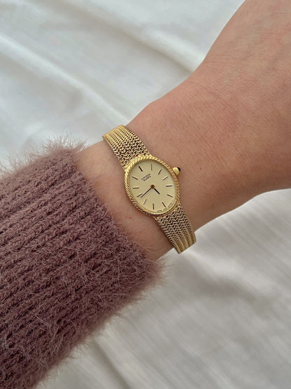 Front view of the Citizen oval watch with champagne dial, rope bezel and gold-tone mesh bracelet.