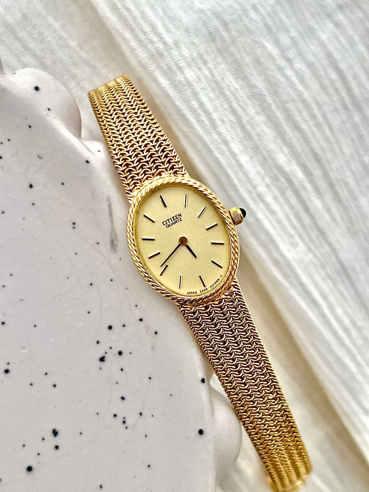Front view of the Citizen watch with champagne dial and gold-tone rope bezel.