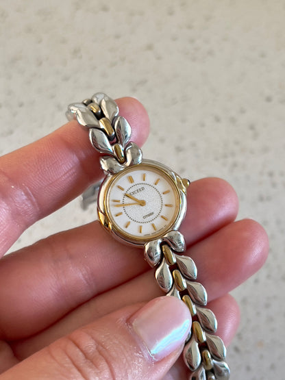 Citizen Two Tone Woman's Watch with Leaf Bracelet, Diamond Dust Dial & Blue Crown Stone, dial close up of a vintage women's watch at Gilded Hour.