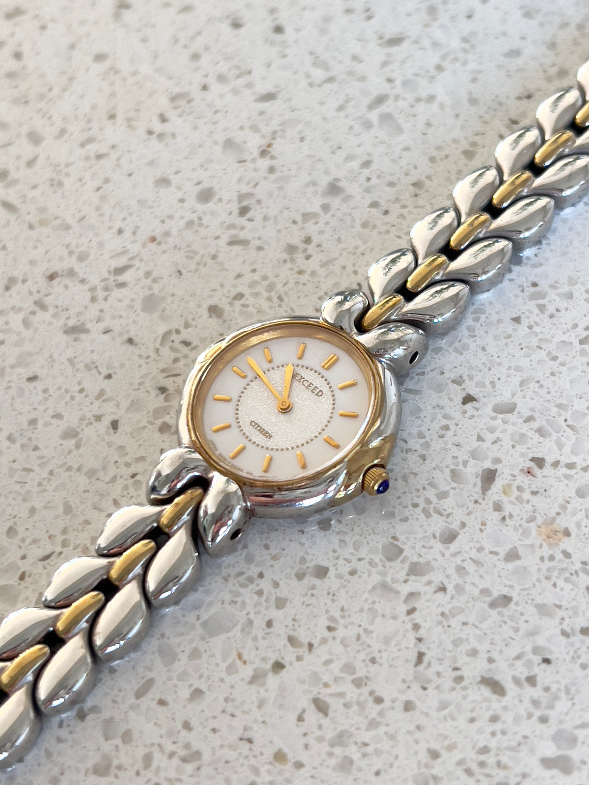Citizen Two Tone Woman's Watch with Leaf Bracelet, Diamond Dust Dial & Blue Crown Stone, bracelet detail of a vintage women's watch at Gilded Hour.
