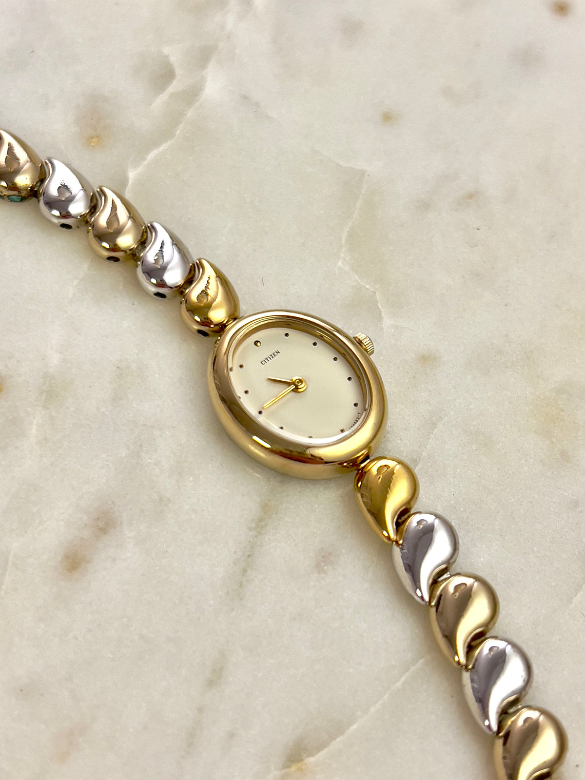 Citizen Two Tone Woman's Watch, dial close up of a vintage women's watch at Gilded Hour.