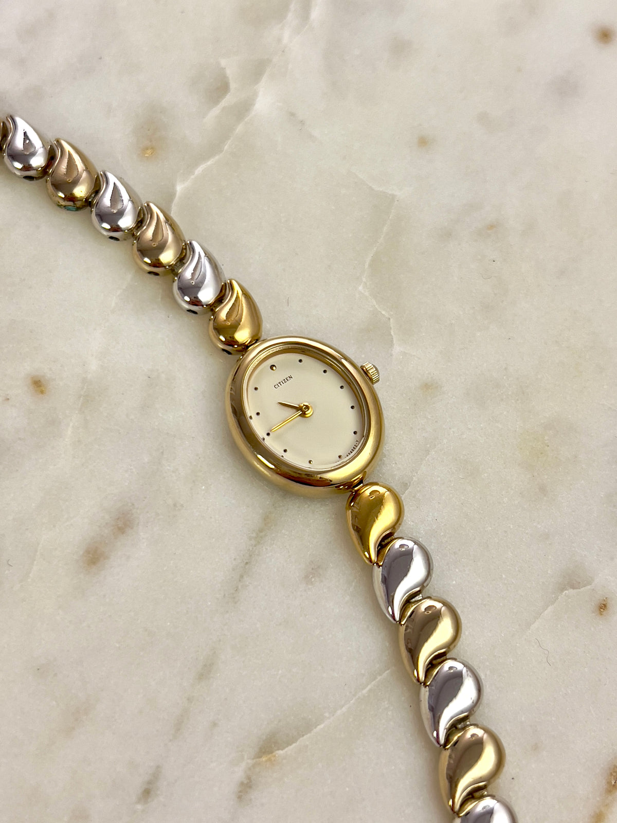 Citizen Two Tone Woman's Watch, angled view of a vintage women's watch at Gilded Hour.
