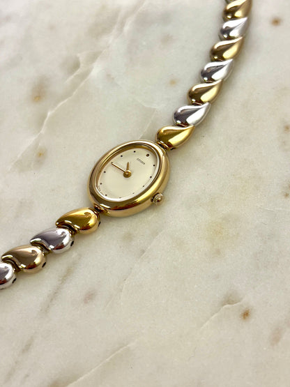 Citizen Two Tone Woman's Watch, wrist shot of a vintage women's watch at Gilded Hour.