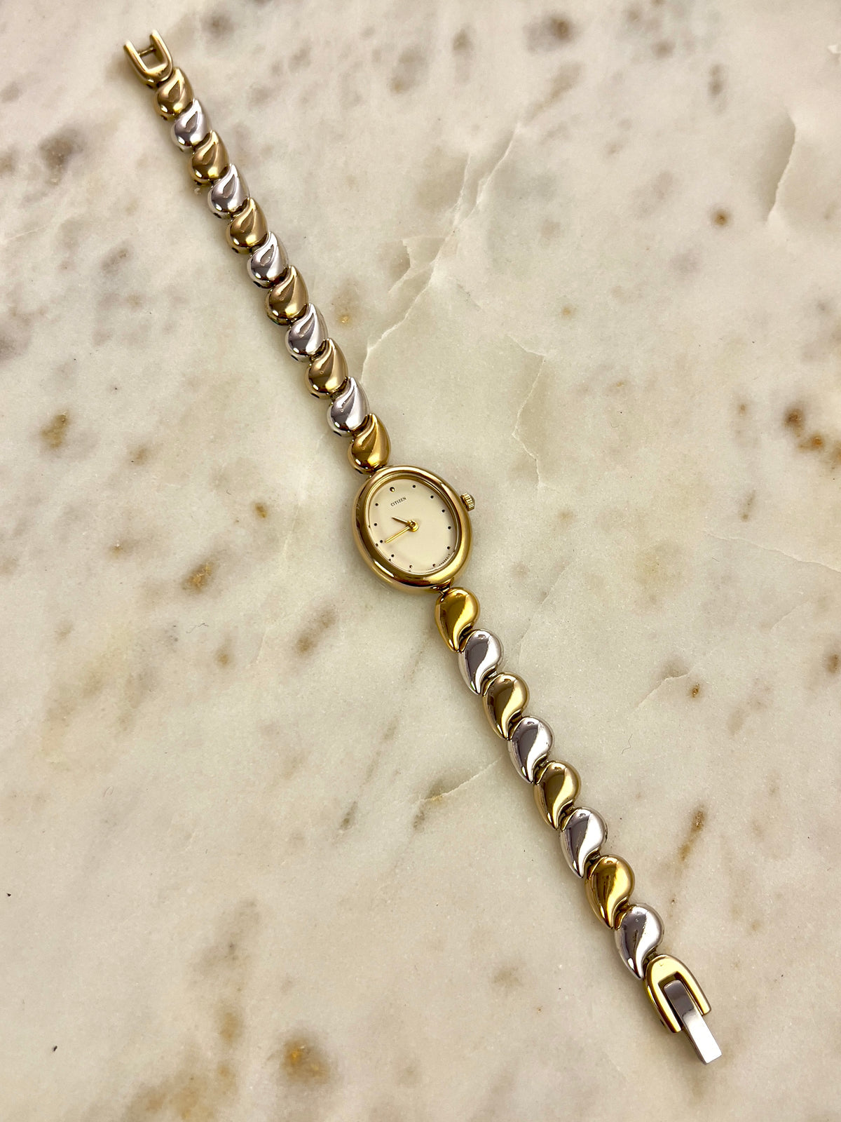 Citizen Two Tone Woman's Watch, case profile of a vintage women's watch at Gilded Hour.