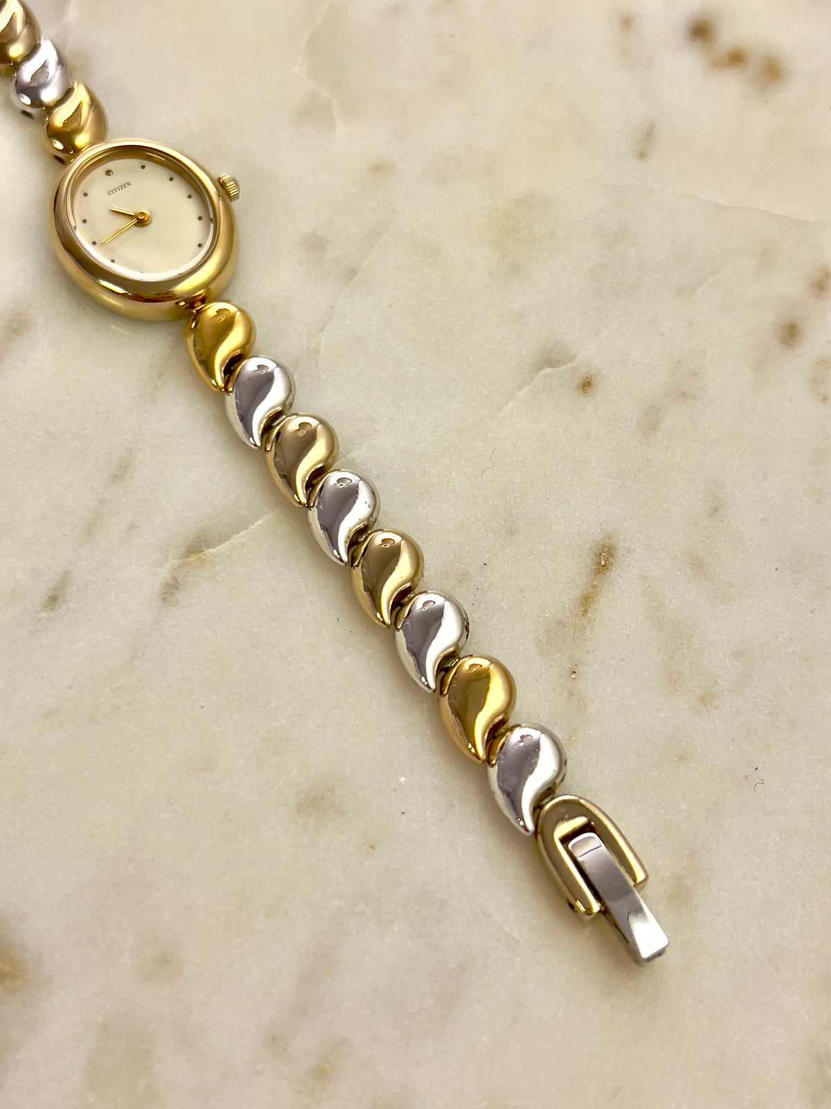 Citizen Two Tone Woman's Watch, caseback detail of a vintage women's watch at Gilded Hour.