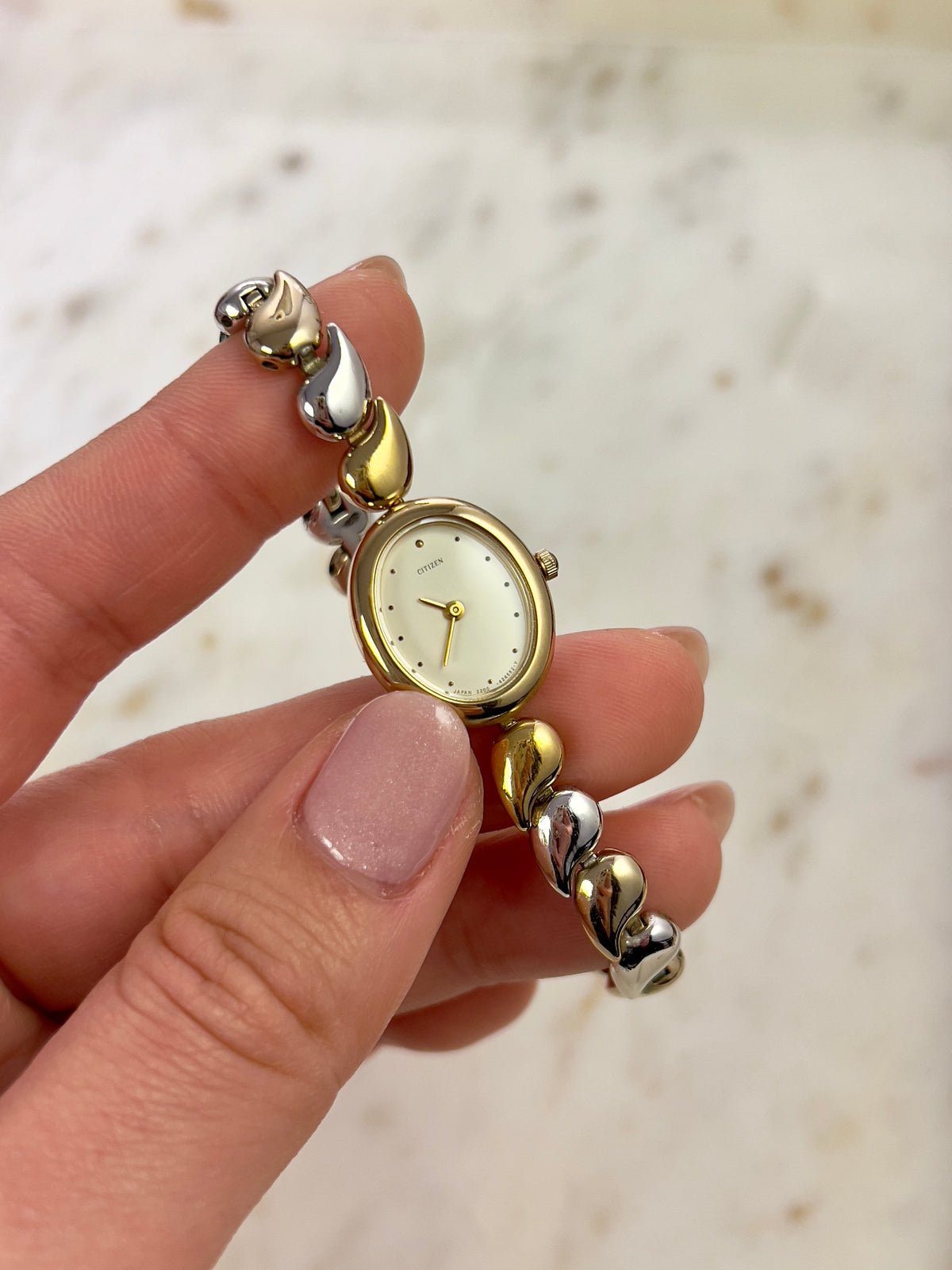 Citizen Two Tone Woman's Watch, dial close up of a vintage women's watch at Gilded Hour.