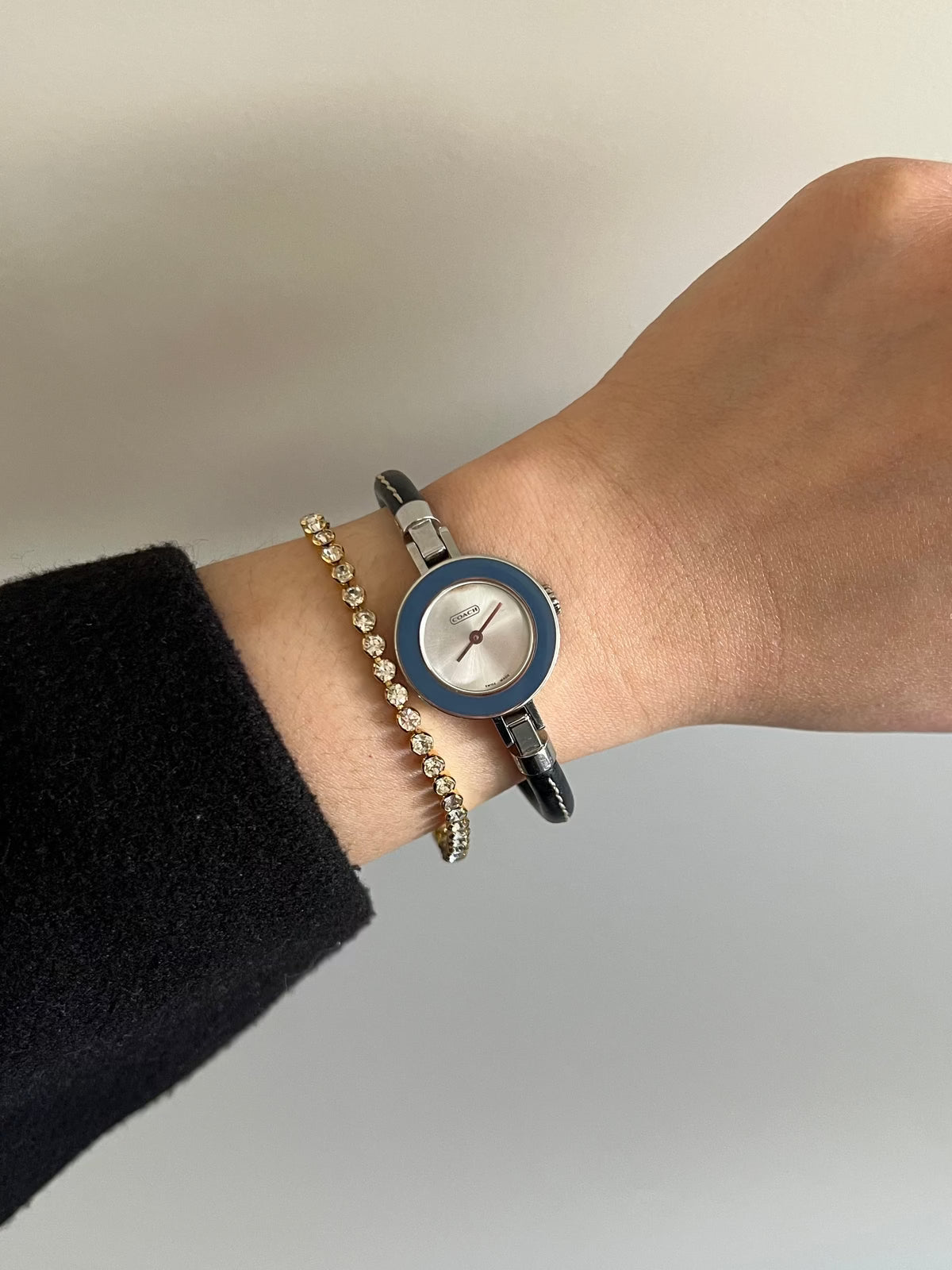 Coach Interchangeable Bezel Silver Women’s Watch; black leather strap with contrast stitching. Product photograph 2 of 7.