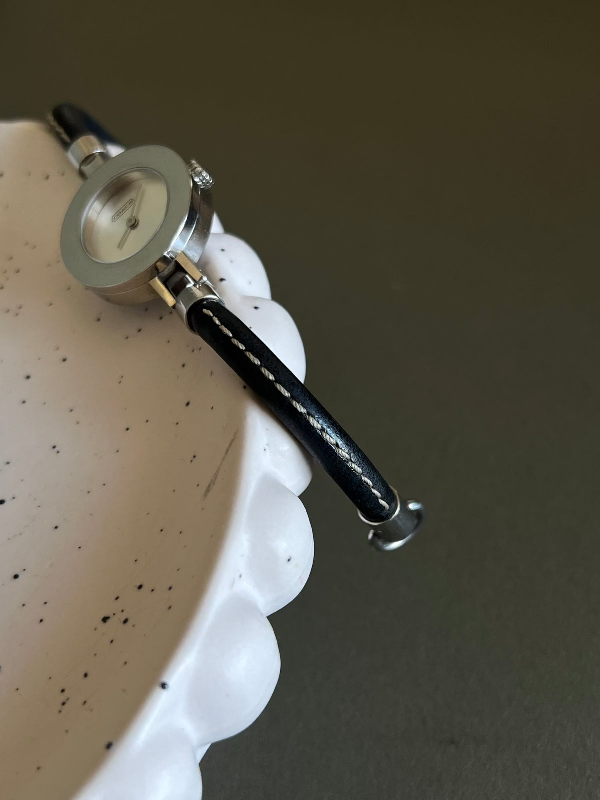 Coach Interchangeable Bezel Silver Women’s Watch; black leather strap with contrast stitching. Product photograph 4 of 7.
