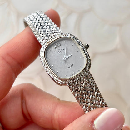 Elgin Silver Woman's Watch with Crystal Accent, caseback detail of a vintage women's watch at Gilded Hour.