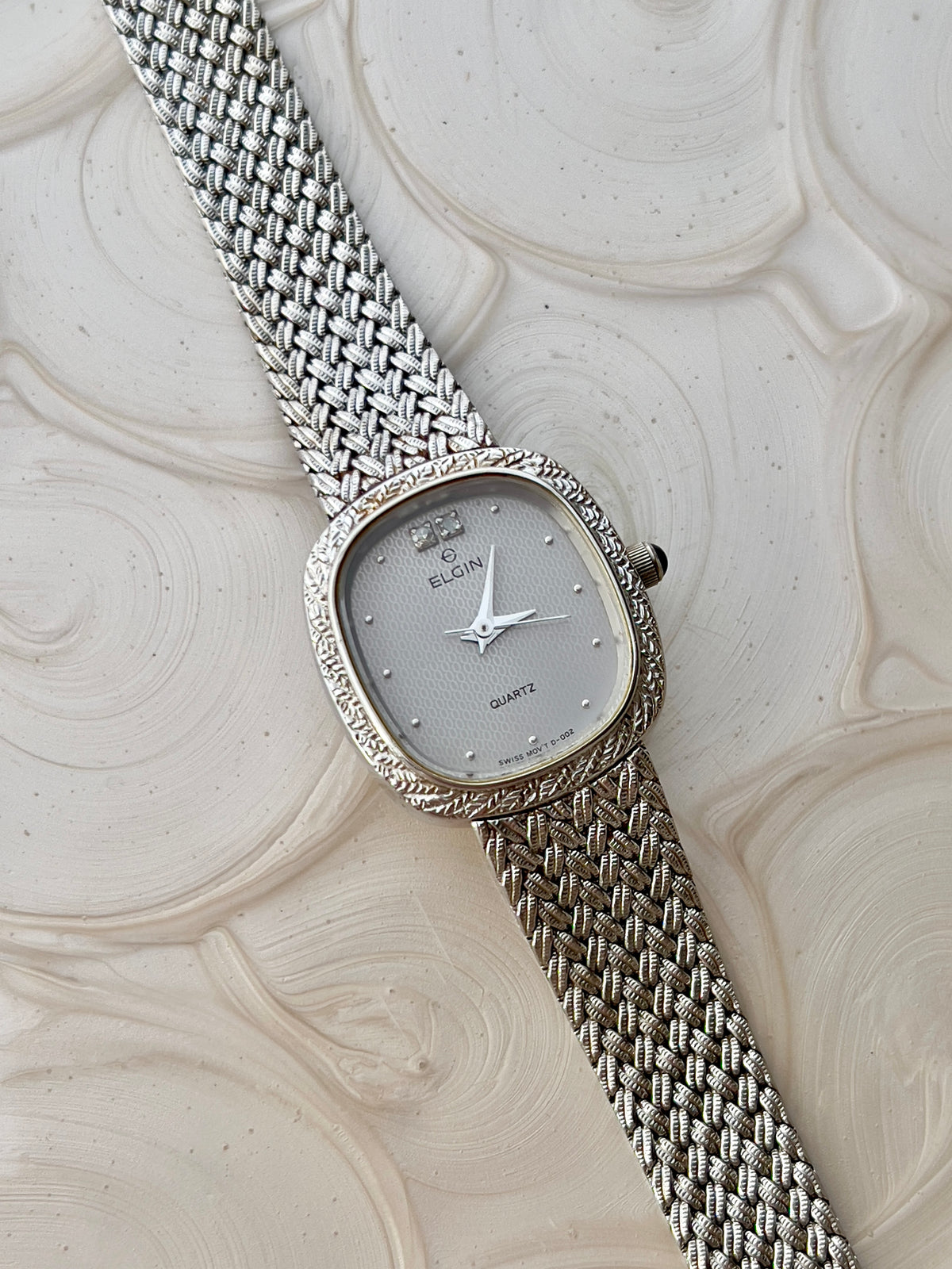 Elgin Silver Woman's Watch with Crystal Accent — closer view of the dial and bezel.