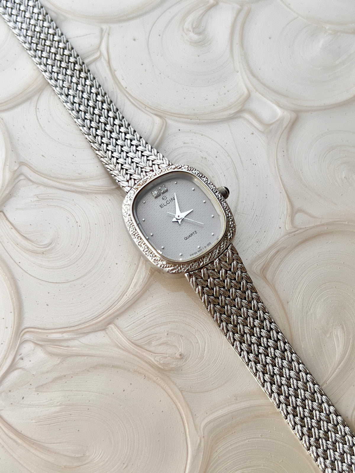 Elgin Silver Woman's Watch with Crystal Accent — the watch shown from another angle.