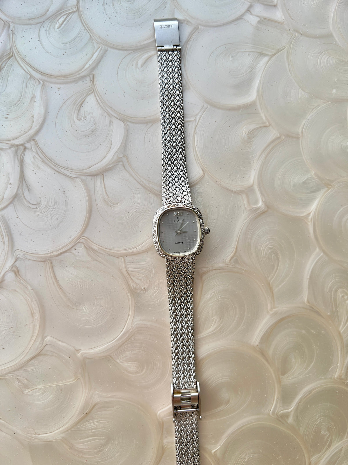 Elgin Silver Woman's Watch with Crystal Accent, case profile of a vintage women's watch at Gilded Hour.