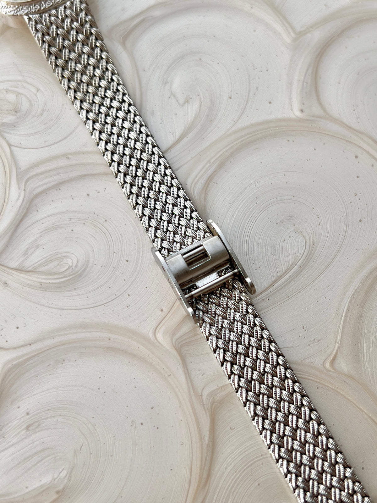 Elgin Silver Woman's Watch with Crystal Accent, bracelet detail of a vintage women's watch at Gilded Hour.
