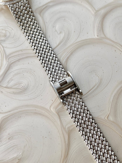 Elgin Silver Woman's Watch with Crystal Accent, bracelet detail of a vintage women's watch at Gilded Hour.