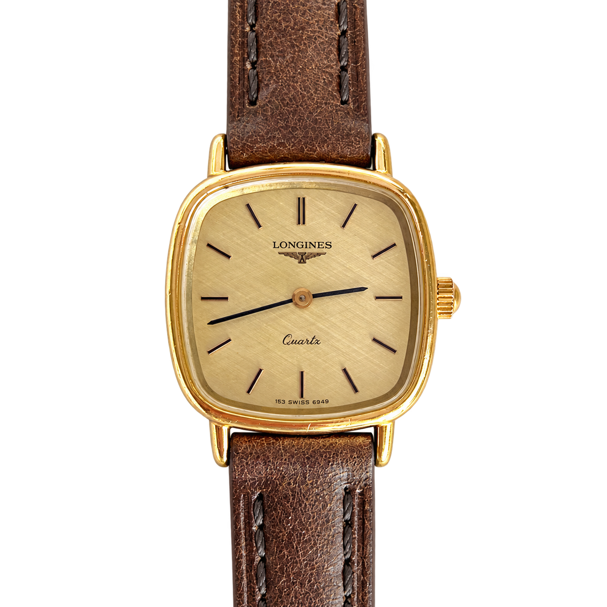 Longines Gold Tone Linen Dial Cushion Strap Watch