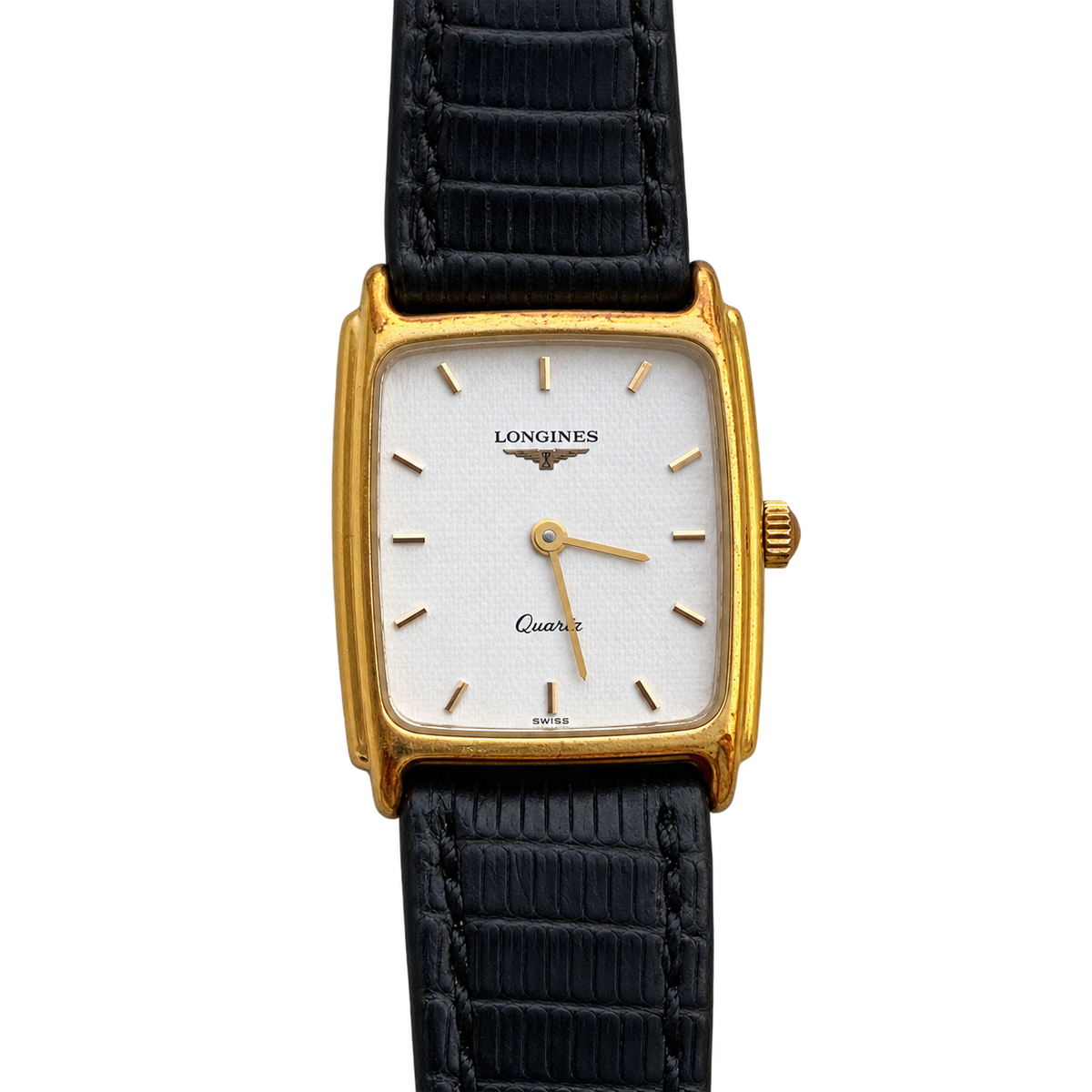 Longines White Dial Rectangular Black Strap Watch