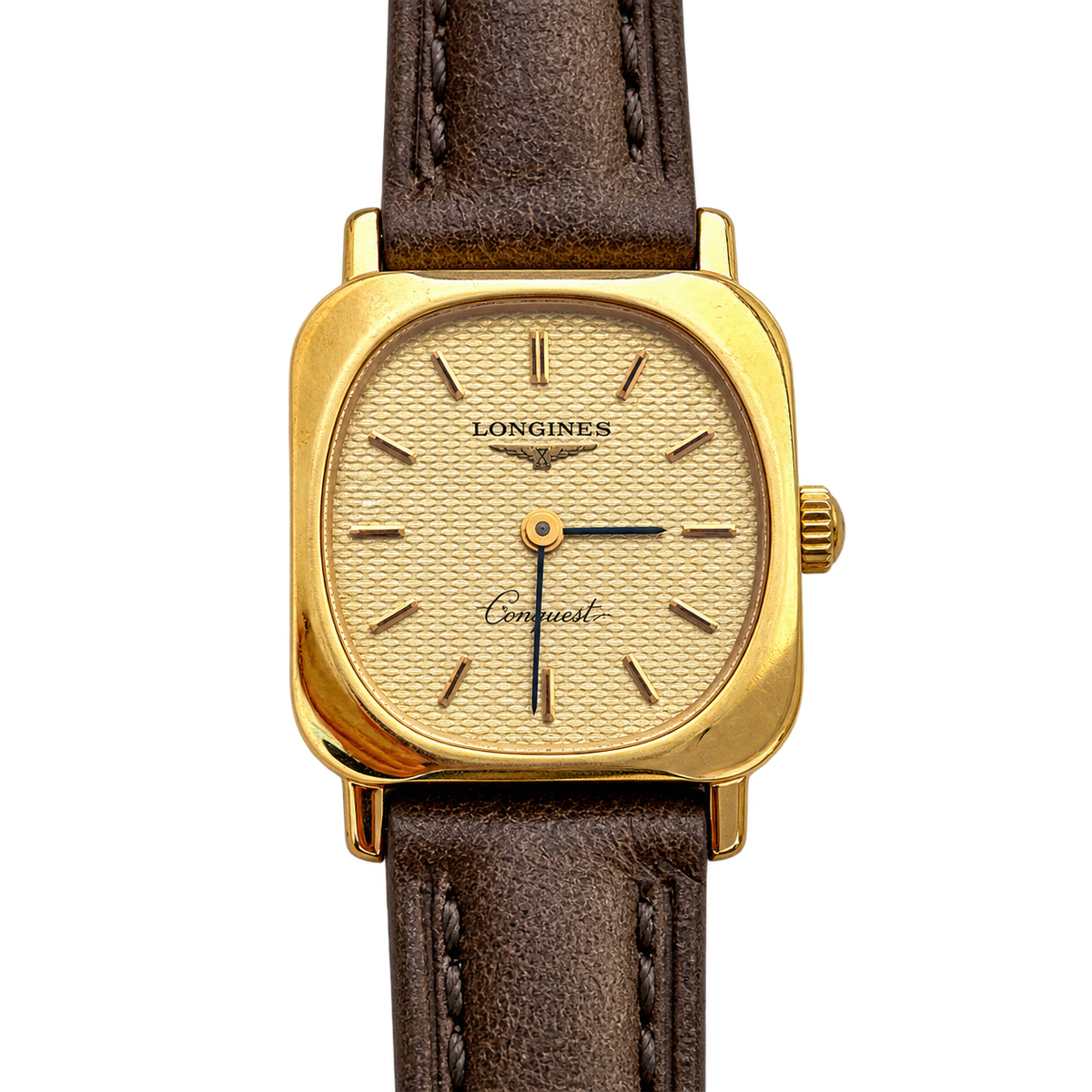 Longines Gold Tone Textured Cushion Brown Strap Watch