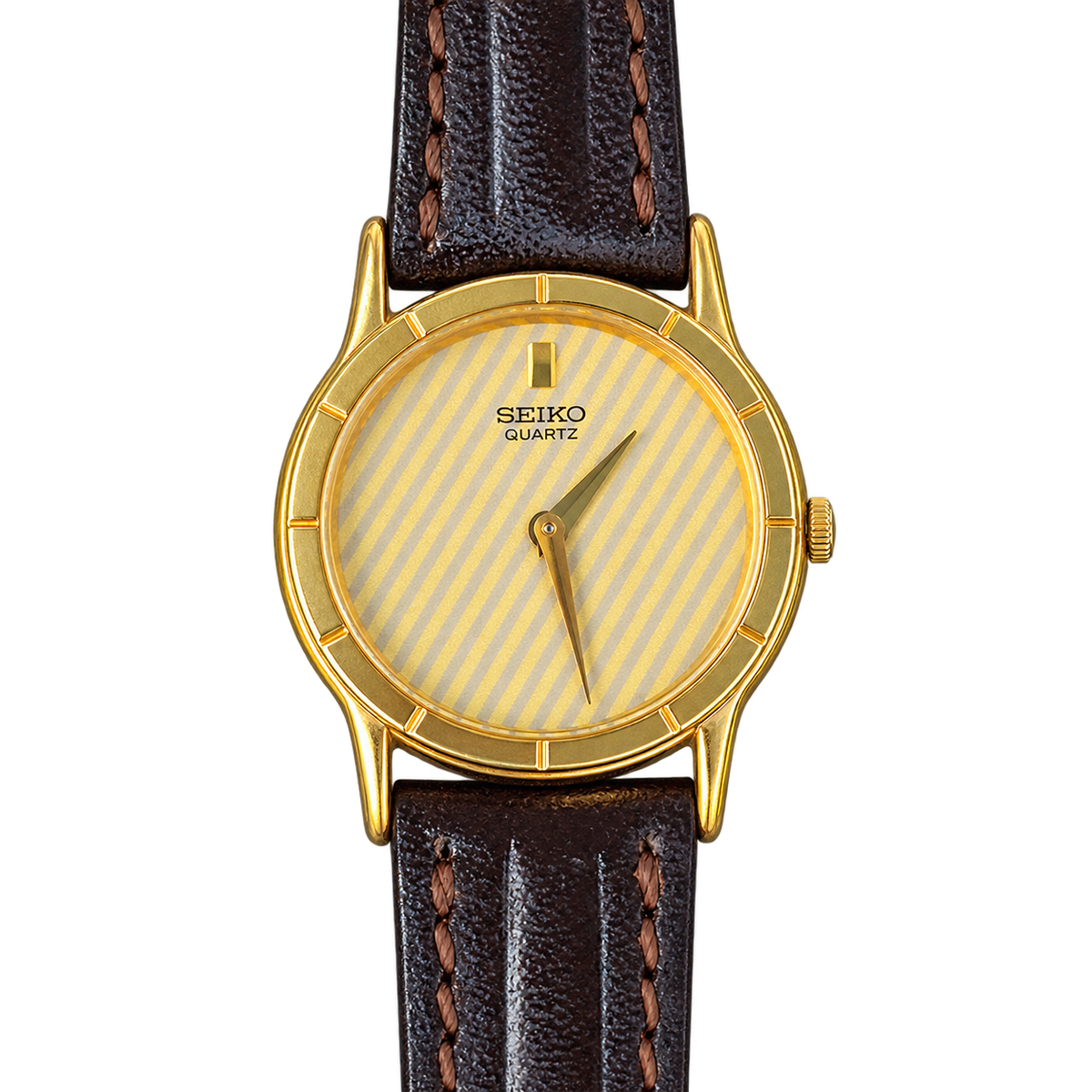 Seiko Gold Tone Striped Dial Leather Strap Women's Watch