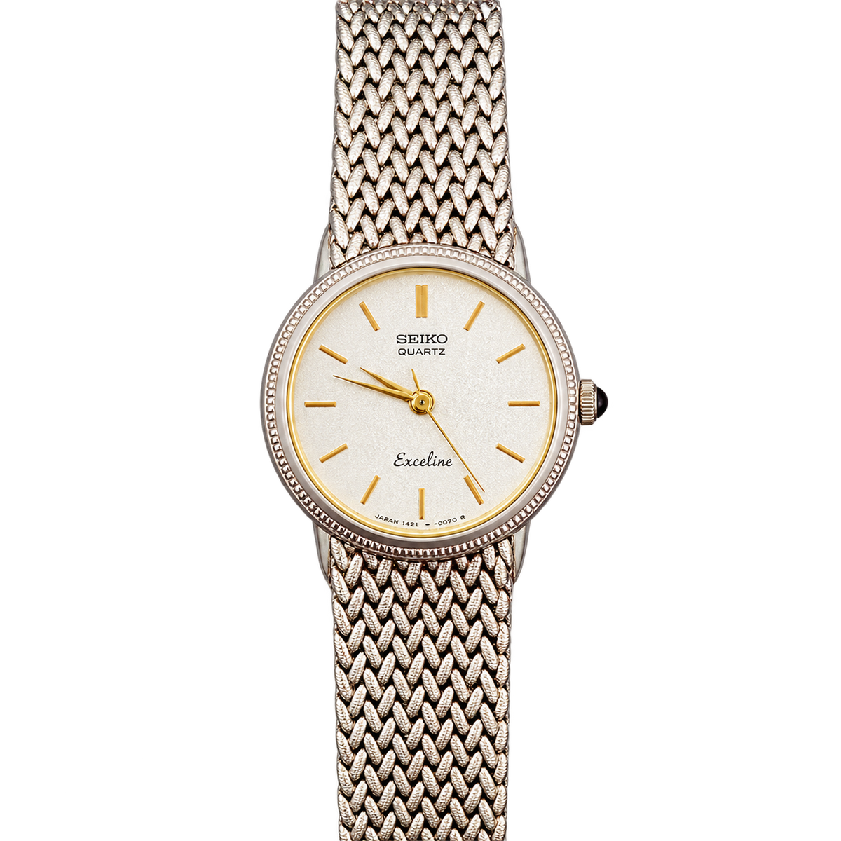 Seiko Exceline Silver Mesh Women’s Watch with Ribbed Bezel