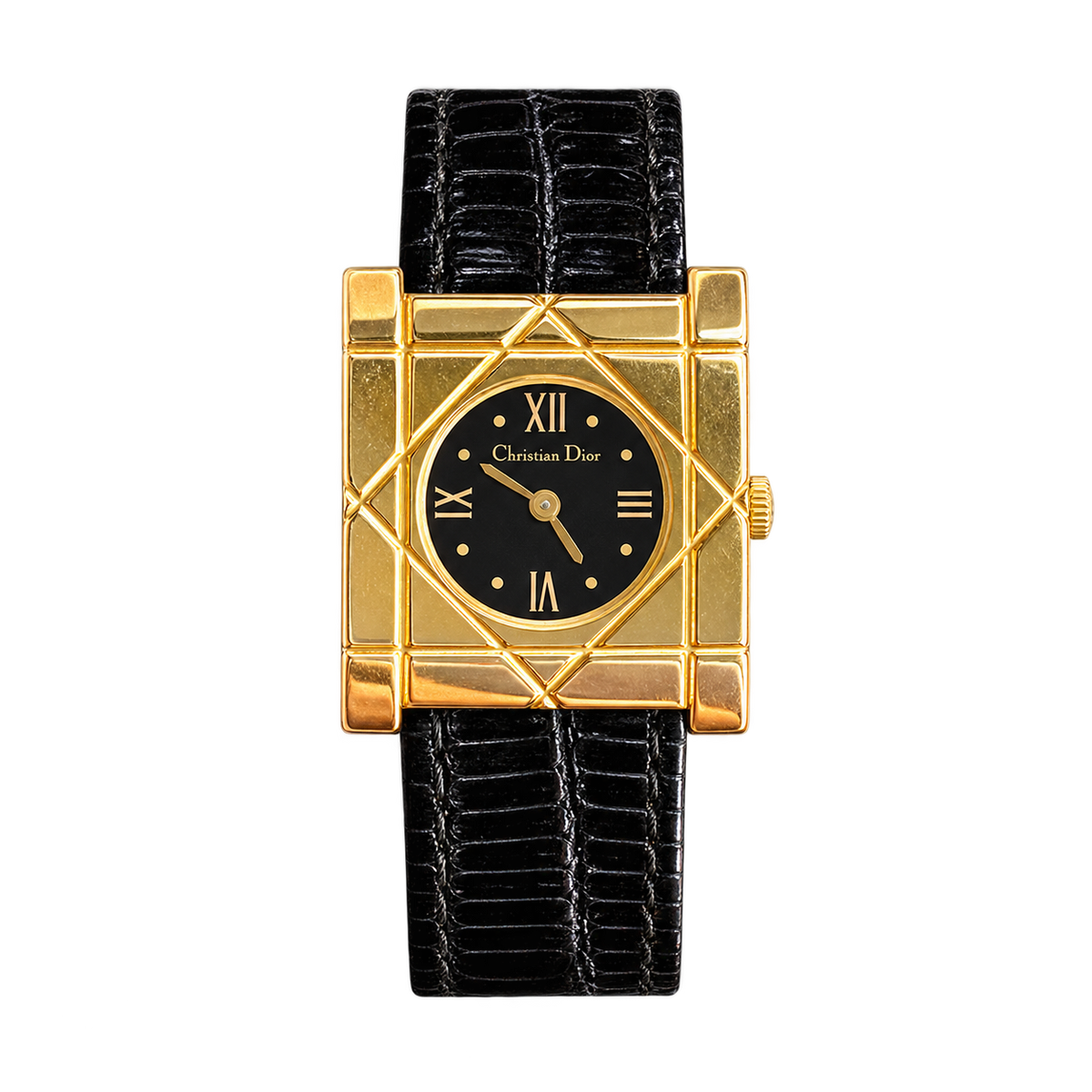Christian Dior Cannage Gold Tone Black Strap Watch