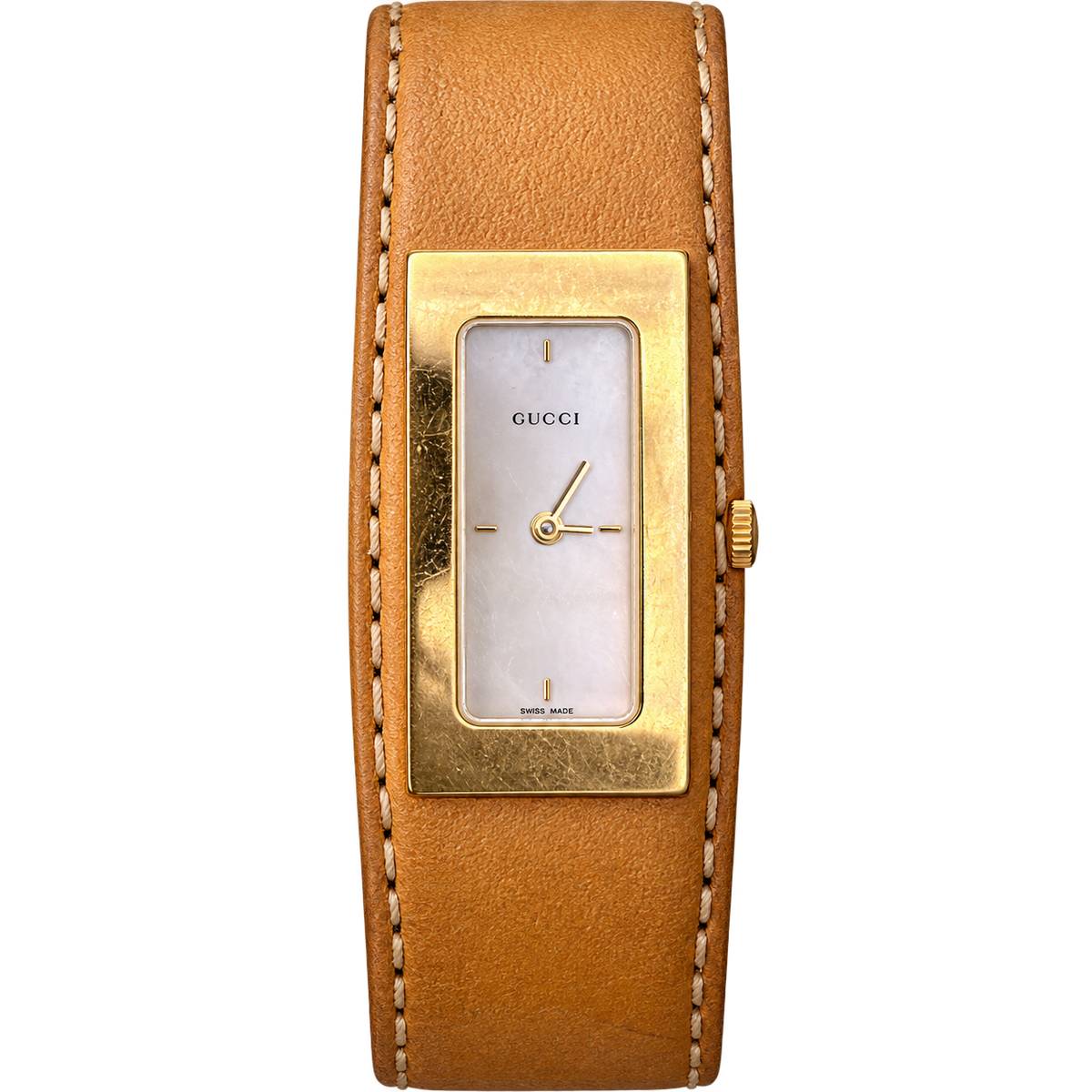 Gucci Gold Tone Tan Leather Cuff Watch
