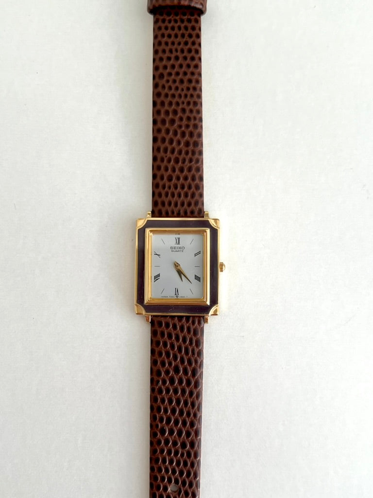 Seiko Brown Frame Roman Dial Leather Strap Watch: front dial viewed from above.