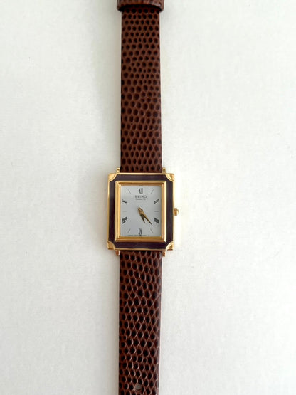 Seiko Brown Frame Roman Dial Leather Strap Watch: front dial viewed from above.