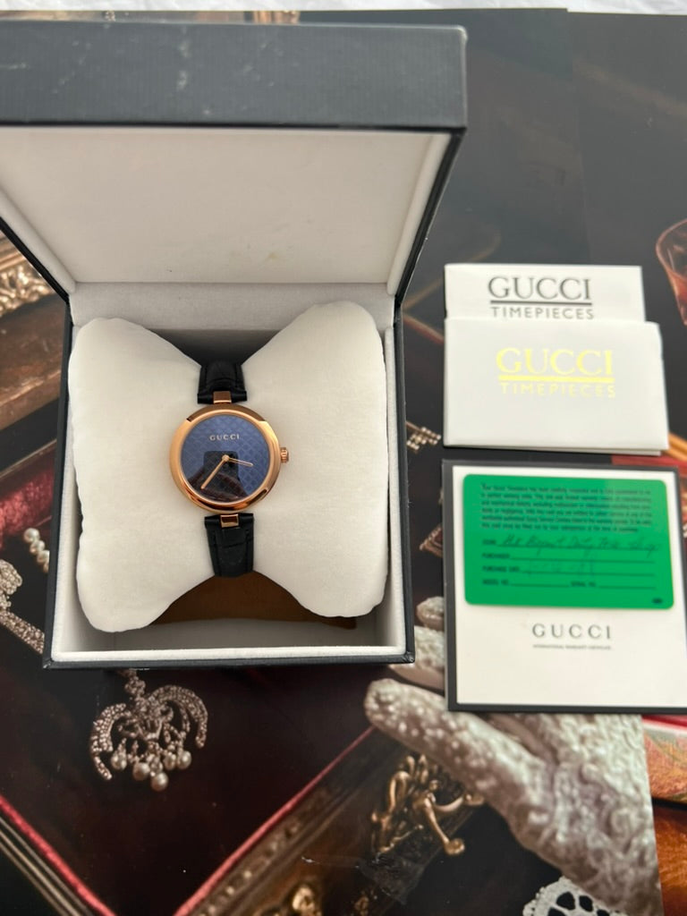 Gucci Diamantissima watch in its open presentation box beside photographed Gucci timepiece booklets and paperwork.