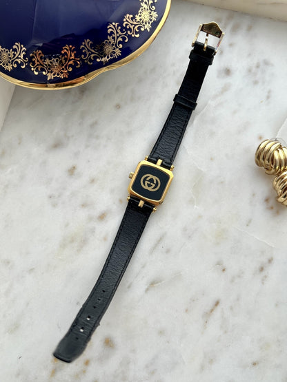 Gucci Sherry square watch full rear view with black leather strap