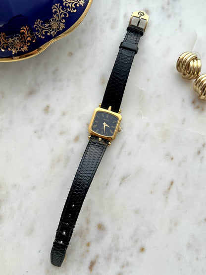 Gucci Sherry black Roman dial square women’s watch with black leather strap, full front view