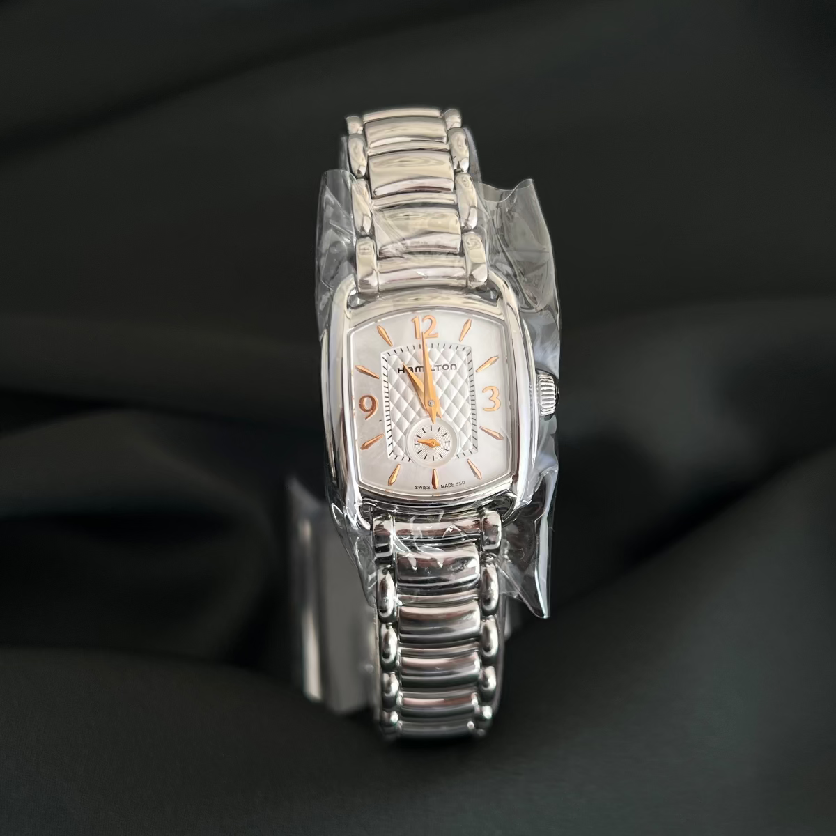 Hamilton American Classic Bagley H12451155 watch with silver mother of pearl style dial, guilloche centre, small seconds and stainless steel bracelet