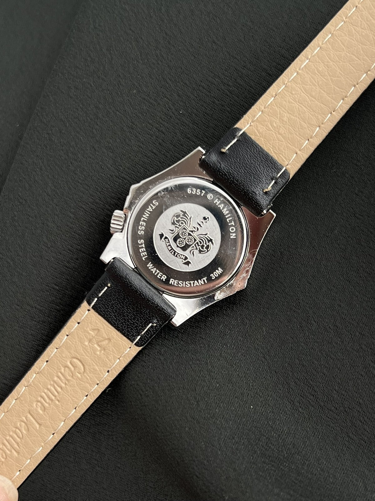 Hamilton Stardom 6357 case back engraved Hamilton, 6357, stainless steel and water resistant 30M
