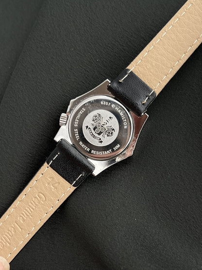 Hamilton Stardom 6357 case back engraved Hamilton, 6357, stainless steel and water resistant 30M