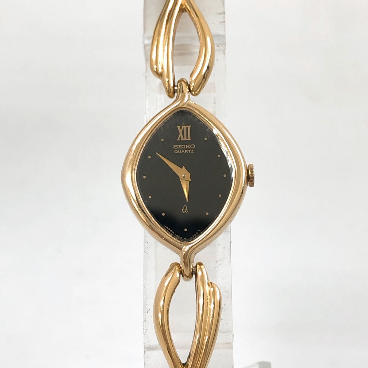 Seiko Black Dial Leaf Bracelet Women’s Watch, angled view of a vintage women's watch at Gilded Hour.