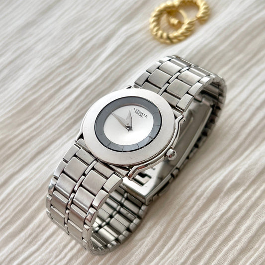 Lassale by Seiko Retrocool Woman's Watch with Unique Diamond Cut Crystal, caseback detail of a vintage women's watch at Gilded Hour.