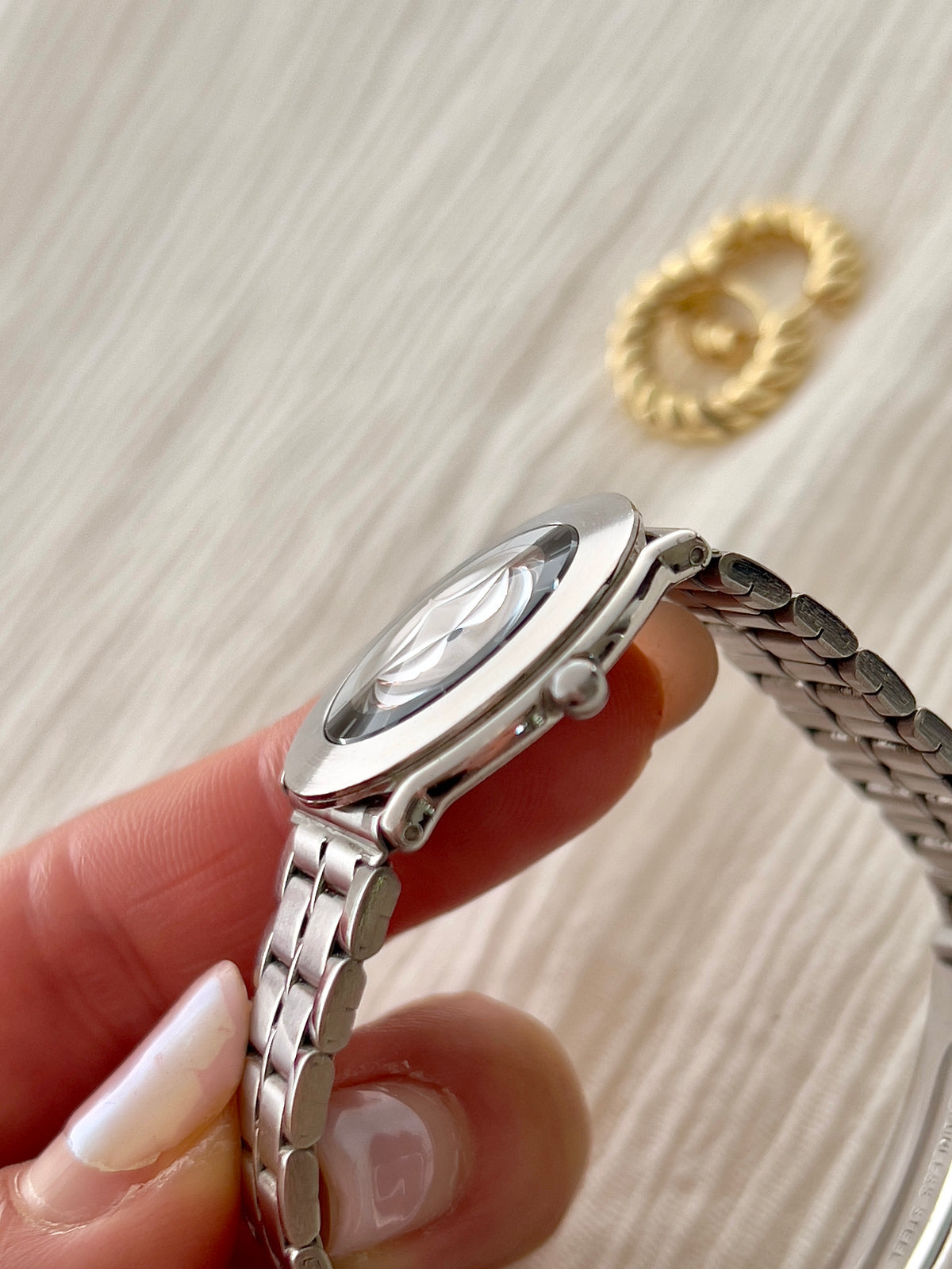 Lassale by Seiko Retrocool Woman's Watch with Unique Diamond Cut Crystal, angled view of a vintage women's watch at Gilded Hour.