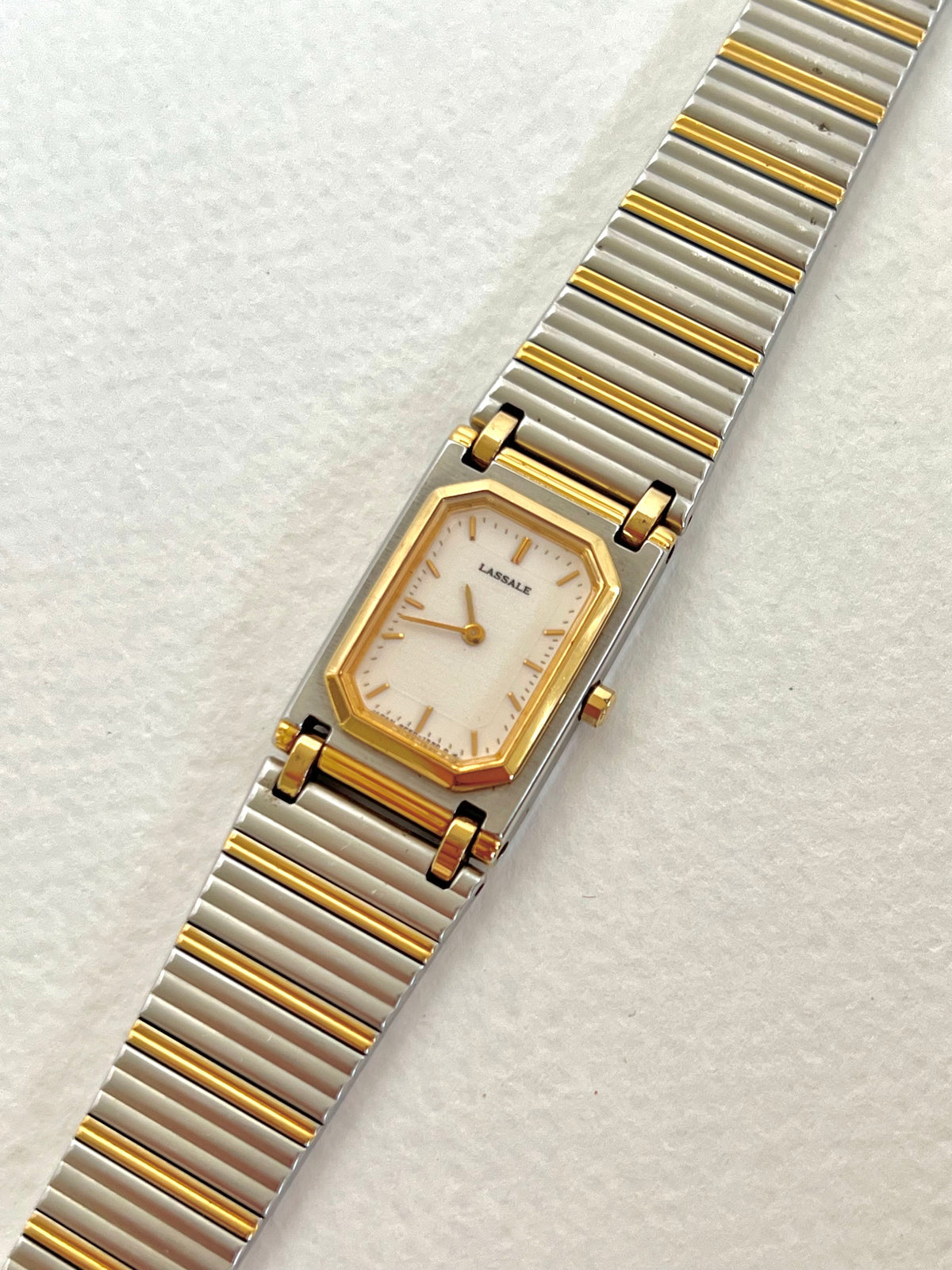 Lassale by Seiko two-tone ladies watch, angle.