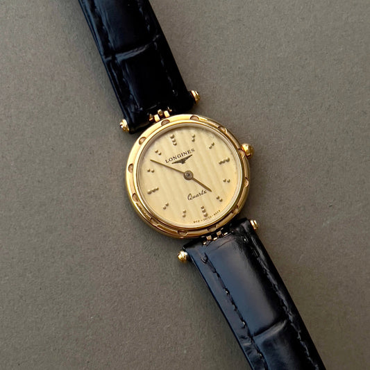 Longines Gold Toned Round Ladies Watch, box set of a vintage women's watch at Gilded Hour.