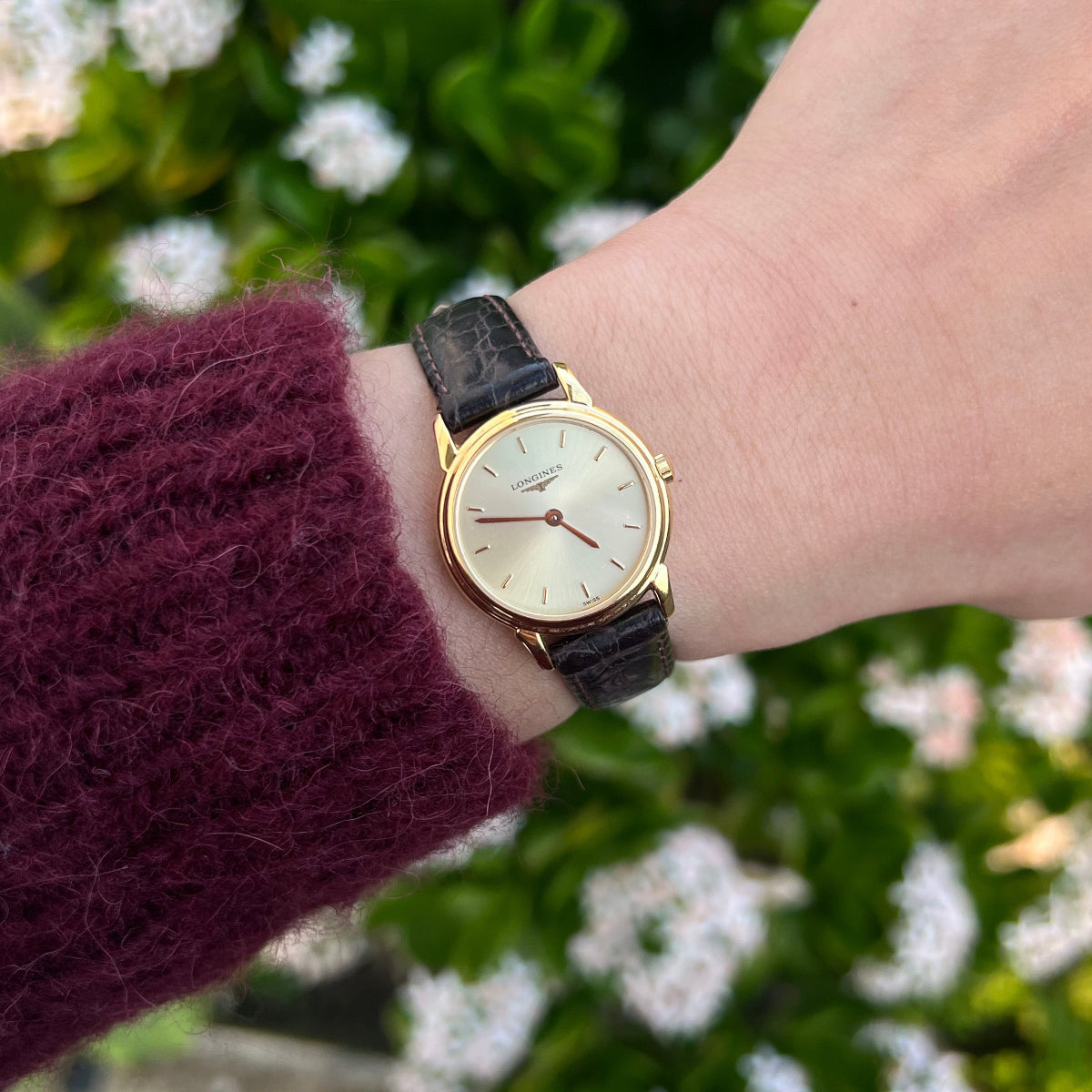 Longines women’s watch with a champagne sunburst dial, polished gold tone case and black leather strap worn on the wrist.