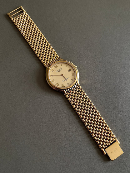 Longines Cosmopolitan Gold Roman Dial Unisex Watch — angled view of dial and bracelet.
