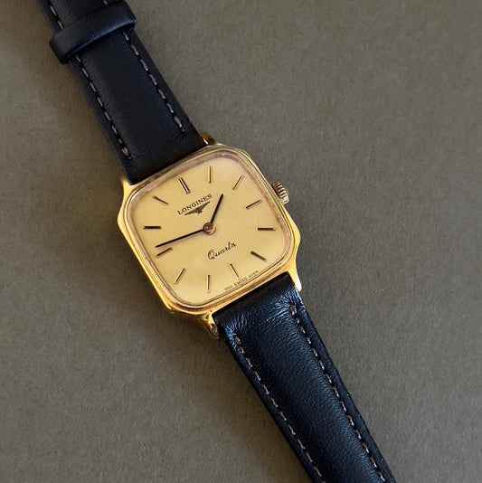 Longines Soft Octo Gold Toned Woman's Watch, angled view of a vintage women's watch at Gilded Hour.