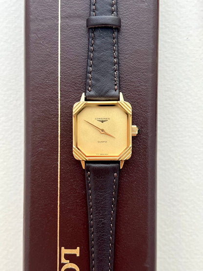Caseback view of the Longines Decorated Corner gold-tone ladies watch.