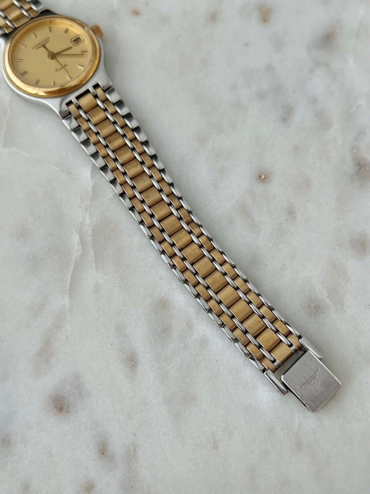 Reverse bracelet and folding clasp detail on the Longines Flagship watch