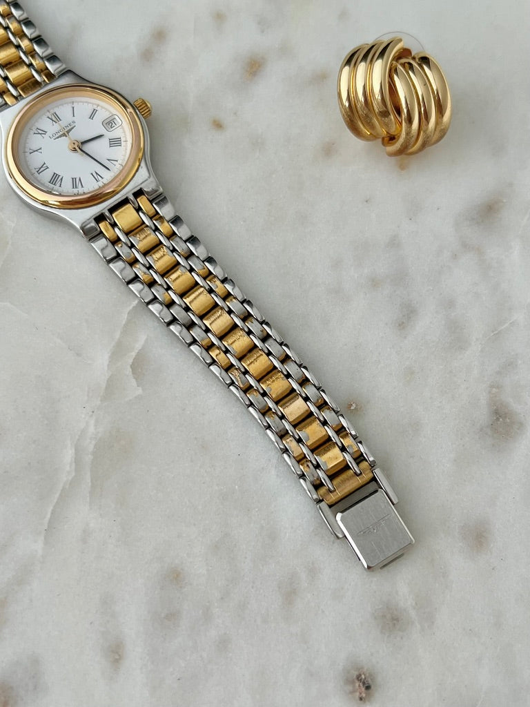 Longines Flagship two tone bracelet and signed folding clasp detail