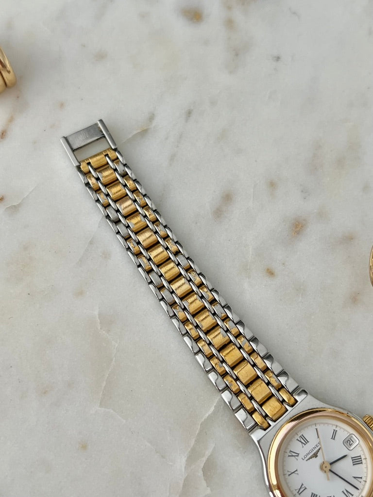Longines Flagship two tone bracelet reverse detail with stainless steel and gold tone links